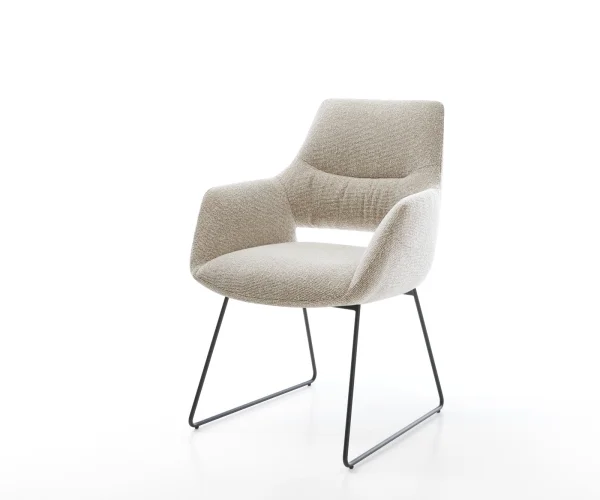 Esszimmerstuhl Yago-Flex mit Armlehnen Webstoff Soft Beige Kufengestell Schwarz Taschenfederkern