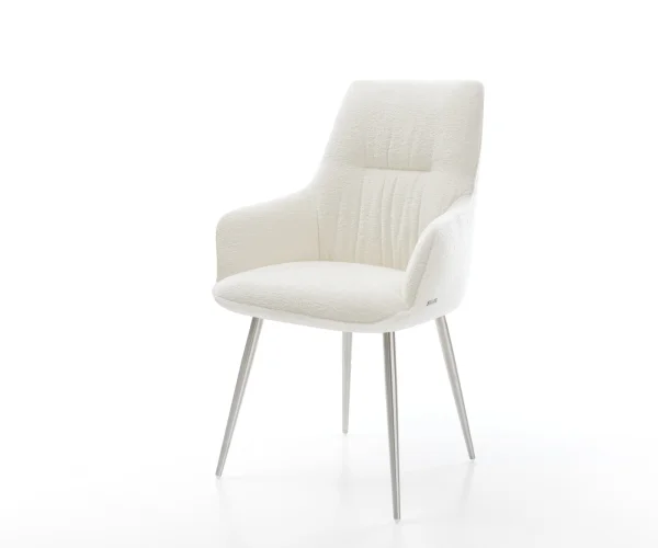 Esszimmerstuhl Zelia-Flex mit Armlehnen Bouclé Soft Beige 4-Fuß konisch Edelstahl Taschenfederkern