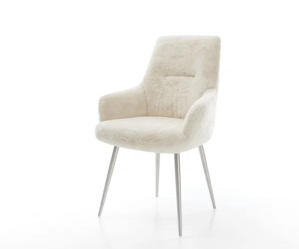 Esszimmerstuhl Zelia-Flex mit Armlehnen Plüsch Creme-Weiß 4-Fuß konisch Edelstahl Taschenfederkern
