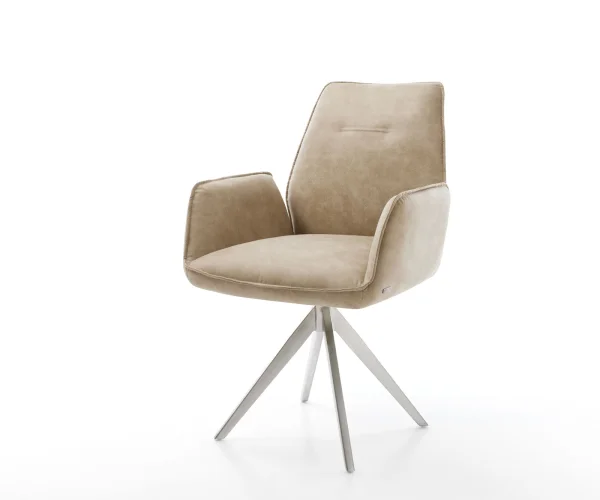 Esszimmerstuhl Zoa-Flex Mikrofaser Beige Vintage Kreuzgestell kantig Edelstahl Taschenfederkern