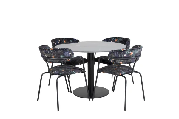 EstelleØ106BLBL Essgruppe Esstisch schwarz, Marmor und 4 Arrow Esszimmerstühle schwarz.