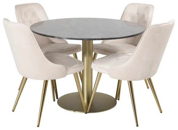 EstelleØ106BLBR Essgruppe Esstisch schwarz, Marmor und 4 Velvet Deluxe Esszimmerstühle Velour beige, Messing dekor.