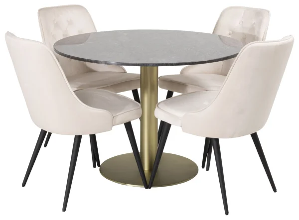 EstelleØ106BLBR Essgruppe Esstisch schwarz, Marmor und 4 Velvet Deluxe Esszimmerstühle Velour beige, schwarz.
