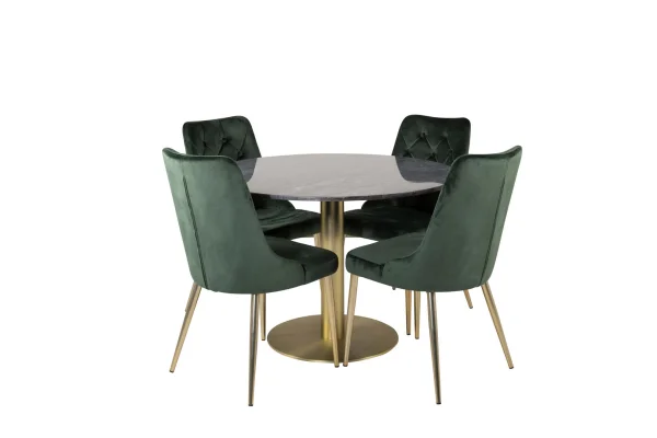 EstelleØ106BLBR Essgruppe Esstisch schwarz, Marmor und 4 Velvet Deluxe Esszimmerstühle Velour grün, Messing dekor.