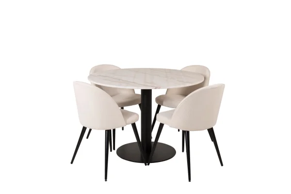 EstelleØ106WHBL Essgruppe Esstisch weiß, Marmor und 4 Velvet Esszimmerstühle Samt beige, schwarz.