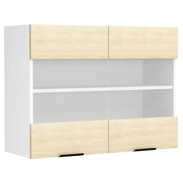 Fasola Küchenoberschrank 80 cm 2 Glasstüren Eiche Dekor, weiß.