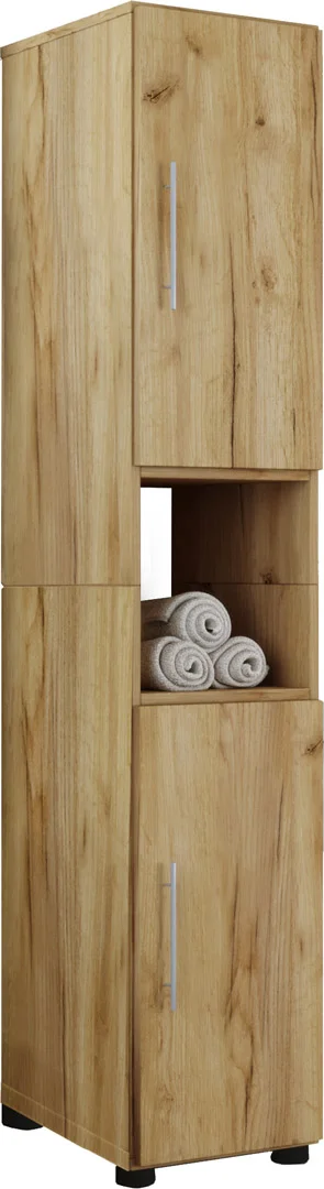 Flandu Badschrank hoch hoch mit 2 Türen Honig Eiche Dekor.