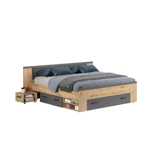 Follow Bett 180x200cm mit Nachttisch, Schubladen, Regalen auf beiden Seiten Eiche dekor, grau.