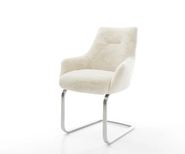 Freischwinger Alja-Flex mit Armlehnen Plüsch Creme-Weiß Freischwinger flach Edelstahl Taschenfederkern