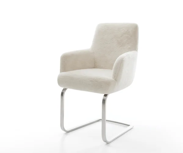 Freischwinger Heira-Flex mit Armlehnen Plüsch Creme-Weiß Freischwinger flach Edelstahl Taschenfederkern