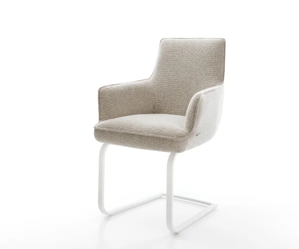 Freischwinger Heira-Flex mit Armlehnen Webstoff Soft Beige Freischwinger flach Weiß Taschenfederkern