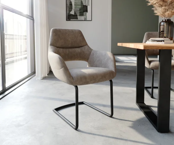 Freischwinger Yago-Flex mit Armlehnen Mikrofaser Taupe Vintage Freischwinger rund Schwarz Taschenfederkern