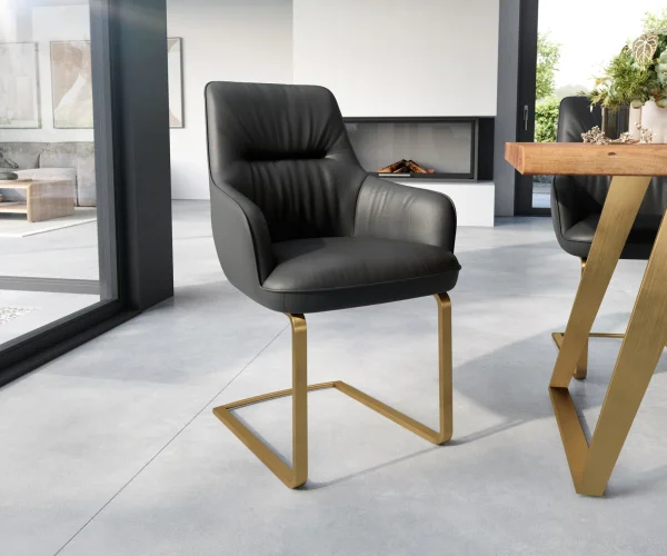 Freischwinger Zelia-Flex mit Armlehnen Echt-Leder Schwarz Freischwinger flach Gold Taschenfederkern