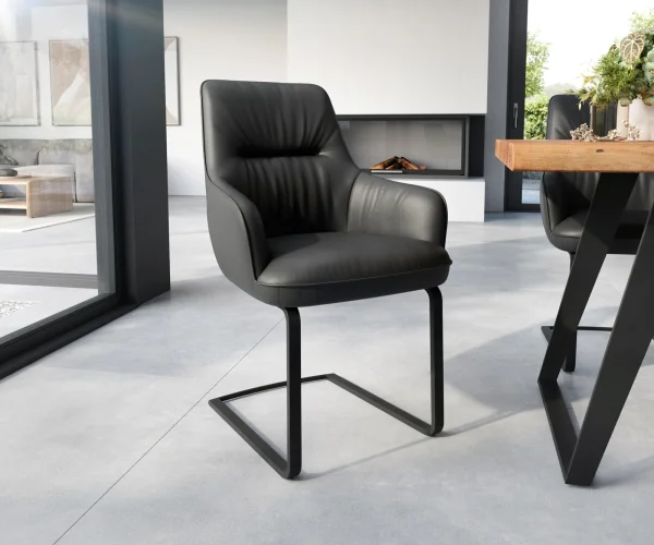 Freischwinger Zelia-Flex mit Armlehnen Echt-Leder Schwarz Freischwinger flach Schwarz Taschenfederkern