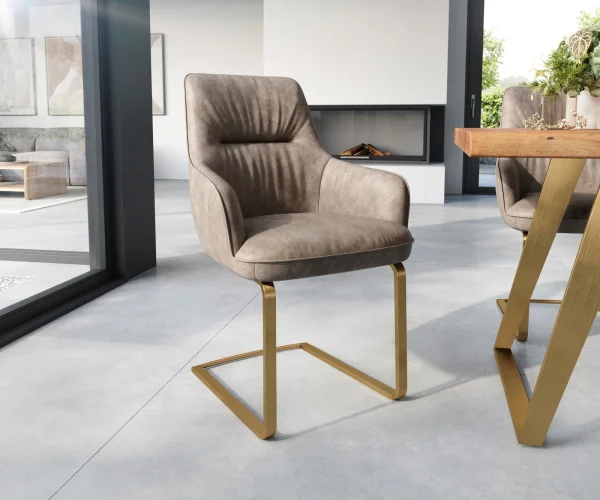 Freischwinger Zelia-Flex mit Armlehnen Mikrofaser Taupe Vintage Freischwinger flach Gold Taschenfederkern