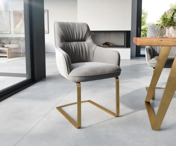 Freischwinger Zelia-Flex mit Armlehnen Samt Grau Freischwinger flach Gold Taschenfederkern
