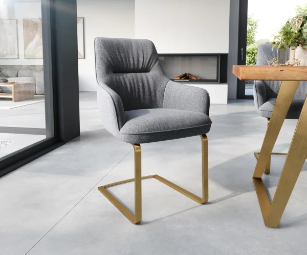 Freischwinger Zelia-Flex mit Armlehnen Strukturstoff Hellgrau Freischwinger flach Gold Taschenfederkern