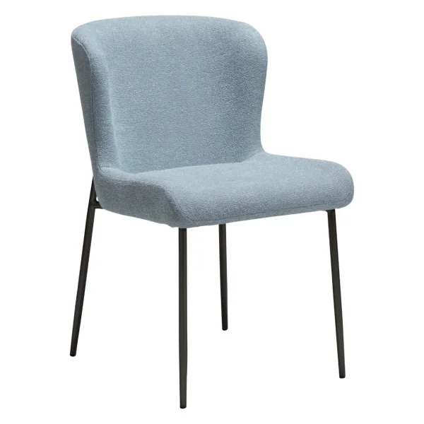 Glam Dan-Form Esszimmerstuhl Bouclé blau.