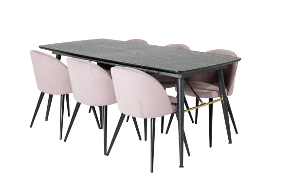 Gold Essgruppe Esstisch Ausziehbarer Tisch Länge cm 180 / 220 schwarz und 6 Velvet Esszimmerstühle Samt pink, schwarz.
