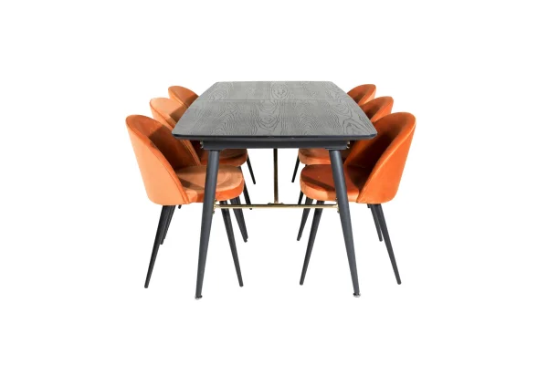 Gold Essgruppe Esstisch Ausziehbarer Tisch Länge cm 180 / 220 schwarz und 6 Velvet Esszimmerstühle Velour orange, schwarz.