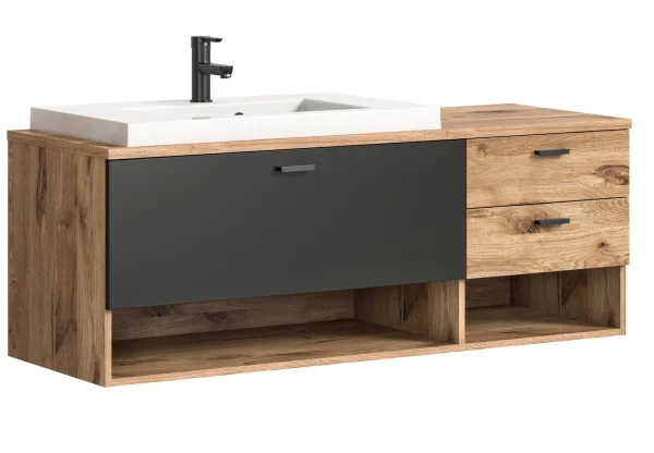 Grado Waschbeckenunterschrank 140cm 3 Schubladen, 2 Ablagen Eiche dekor,matt grau.