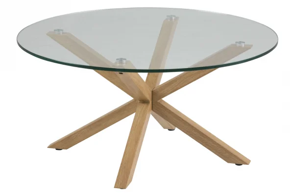 Heat Couchtisch Ø82 cm Tischplatte aus Glas und einem Metallgestell mit Eiche Folie.