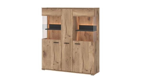 Highboard mit 2 Glastüren Viking Eiche - Beleuchtung 115 cm - PARDOO