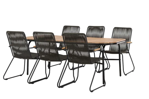 Holmbeck Gartenset Tisch 90x200cm natur, 6 Stühle Bois schwarz.