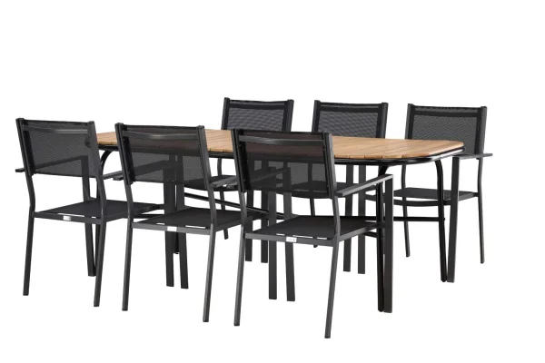 Holmbeck Gartenset Tisch 90x200cm natur, 6 Stühle Copacabana schwarz.