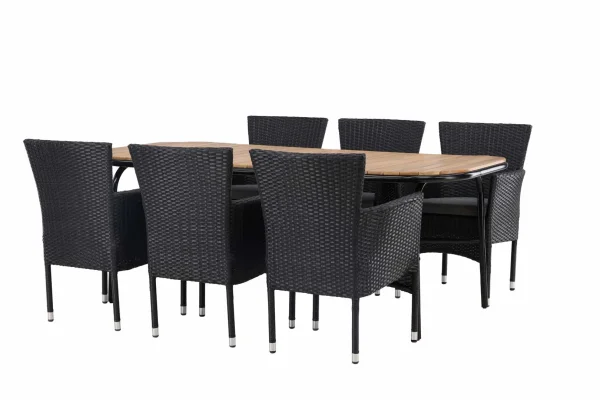 Holmbeck Gartenset Tisch 90x200cm natur, 6 Stühle Malina schwarz.