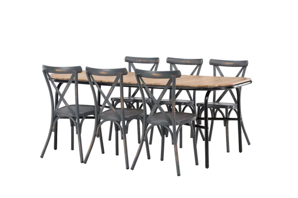 Holmbeck Gartenset Tisch 90x200cm natur, 6 Stühle Peking dunkel grau.
