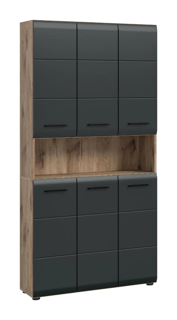 Ice Badschrank 6 Türen, 1 Regal Schwarz matt, Eiche Dekor.