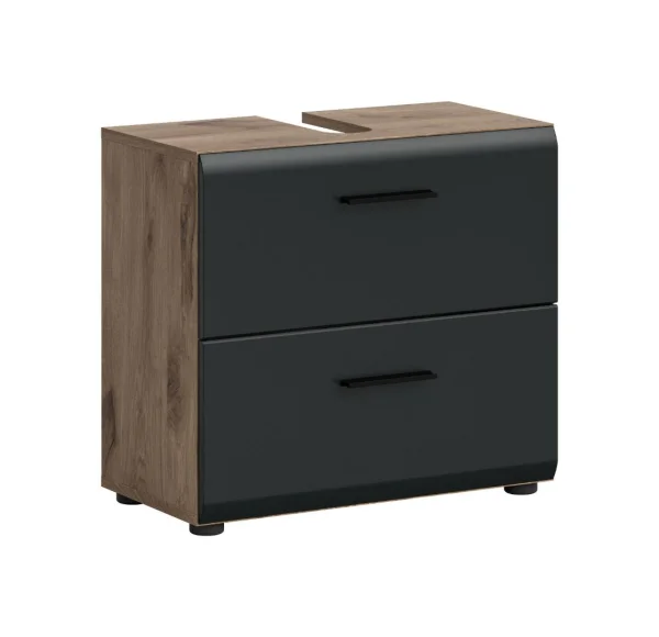 Ice Waschbeckenunterschrank 2 Schubladen Schwarz matt, Eiche Dekor.