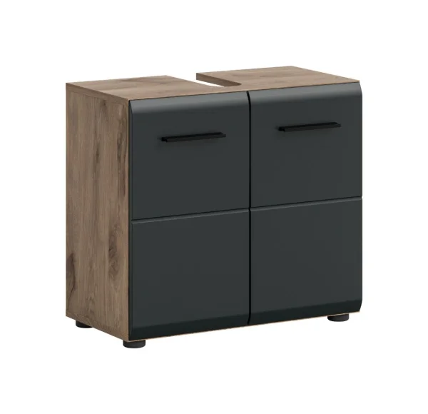 Ice Waschbeckenunterschrank 2 Türen Schwarz matt, Eiche Dekor.