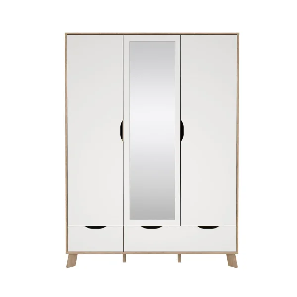 Ikast Kleiderschrank 201x148x58cm, 2 Türen, 1 Spiegeltür, 2 Schubladen Eichen-Dekor, weiß.