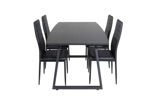 IncaBLBL Essgruppe Esstisch Ausziehbarer Tisch Länge cm 160 / 200 schwarz und 4 Slim High Back Esszimmerstühle PU Kunstleder schwarz.