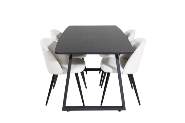IncaBLBL Essgruppe Esstisch Ausziehbarer Tisch Länge cm 160 / 200 schwarz und 4 Velvet Esszimmerstühle Samt beige, schwarz.