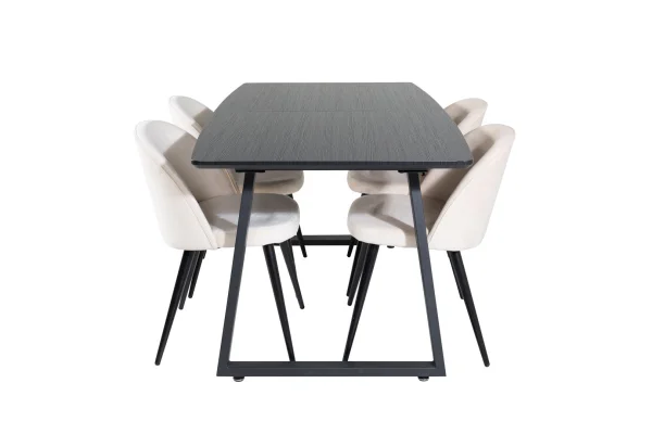 IncaBLBL Essgruppe Esstisch Ausziehbarer Tisch Länge cm 160 / 200 schwarz und 4 Velvet Esszimmerstühle Velour beige, schwarz.