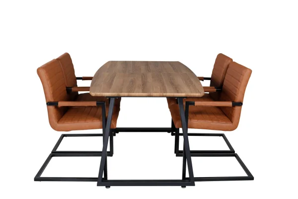 IncaNABL Essgruppe Esstisch Ausziehbarer Tisch Länge cm 160 / 200 El Holz dekor und 4 Art Esszimmerstühle PU Kunstleder braun.