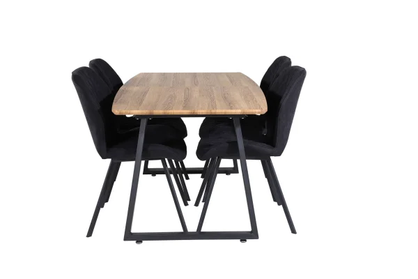 IncaNABL Essgruppe Esstisch Ausziehbarer Tisch Länge cm 160 / 200 El Holz dekor und 4 Gemma Esszimmerstühle schwarz.