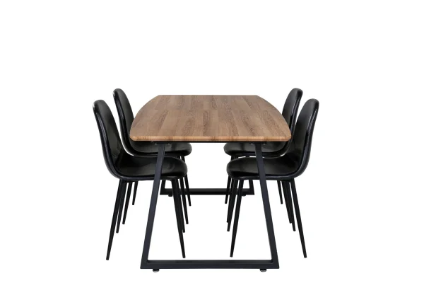 IncaNABL Essgruppe Esstisch Ausziehbarer Tisch Länge cm 160 / 200 El Holz dekor und 4 Polar Esszimmerstühle PU Kunstleder schwarz PU Kunstleder.