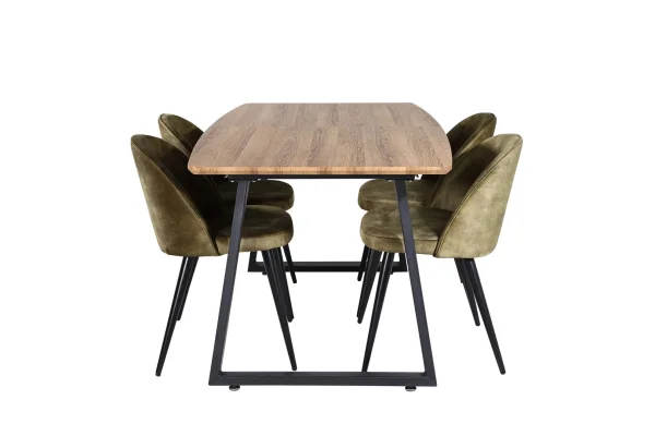 IncaNABL Essgruppe Esstisch Ausziehbarer Tisch Länge cm 160 / 200 El Holz dekor und 4 Velvet Esszimmerstühle Velour grün, schwarz.