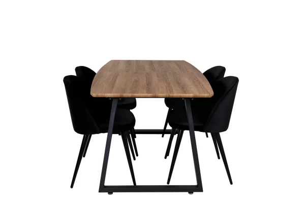IncaNABL Essgruppe Esstisch Ausziehbarer Tisch Länge cm 160 / 200 El Holz dekor und 4 Velvet Esszimmerstühle Velour schwarz.