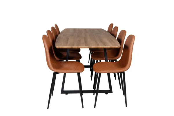 IncaNABL Essgruppe Esstisch Ausziehbarer Tisch Länge cm 160 / 200 El Holz dekor und 8 Polar Esszimmerstühle PU Kunstleder braun.
