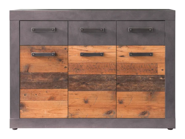 Indy Kommode 3 Türen, 3 Schubladen grau Eiche Dekor, Old Wood Dekor.