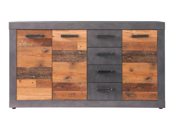 Indy Kommode 3 Türen, 4 Schubladen grau Eiche Dekor, Old Wood Dekor.