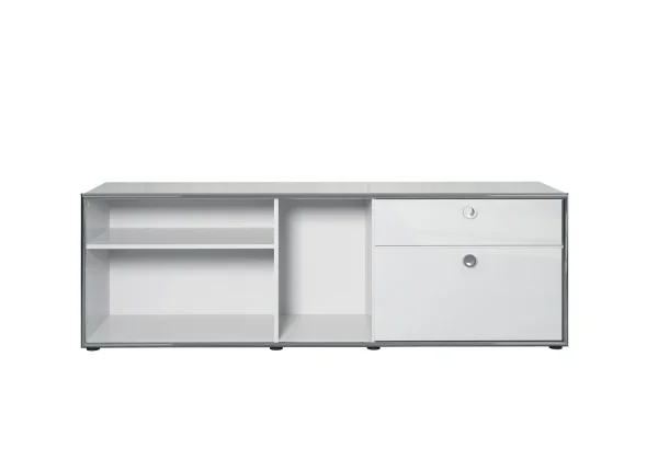 Infinity Büroregal 1 Schublade, 1 klappen, 3 offene Fächer hellgrau Hochglanz, Chrom.