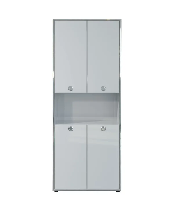 Infinity Büroschrank 4 Türen, 1 offenes Fach hellgrau Hochglanz, Chrom.