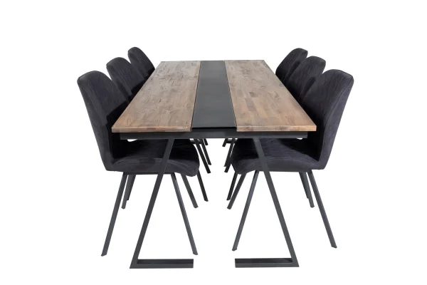 Jakarta Essgruppe Esstisch Teak und 6 Gemma Esszimmerstühle schwarz.