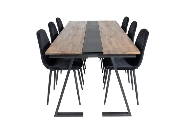Jakarta Essgruppe Esstisch Teak und 6 Polar Diamond Esszimmerstühle Velour schwarz.